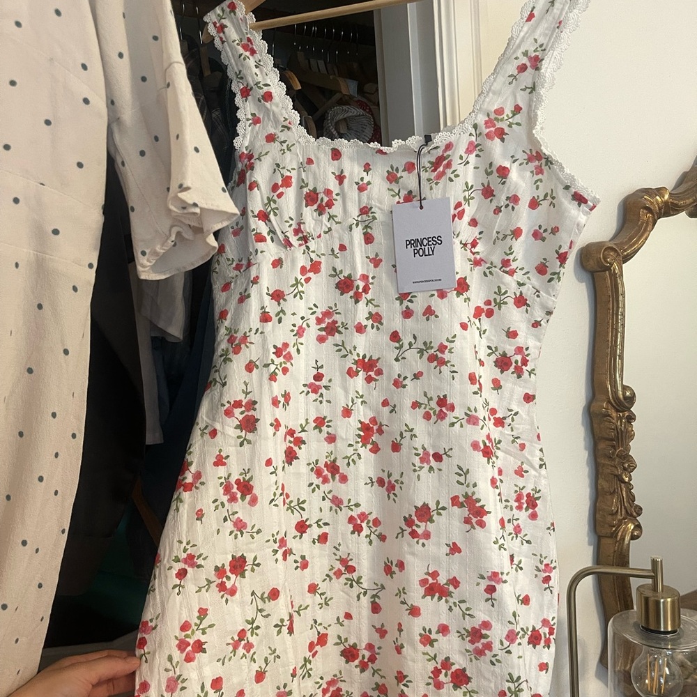 Princess Polly White Floral Mini Dress with Pink Rose Print